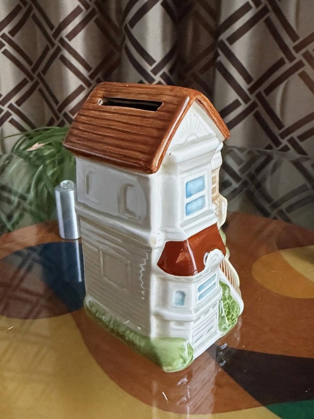 Ceramic White and Brown House Coin Bank